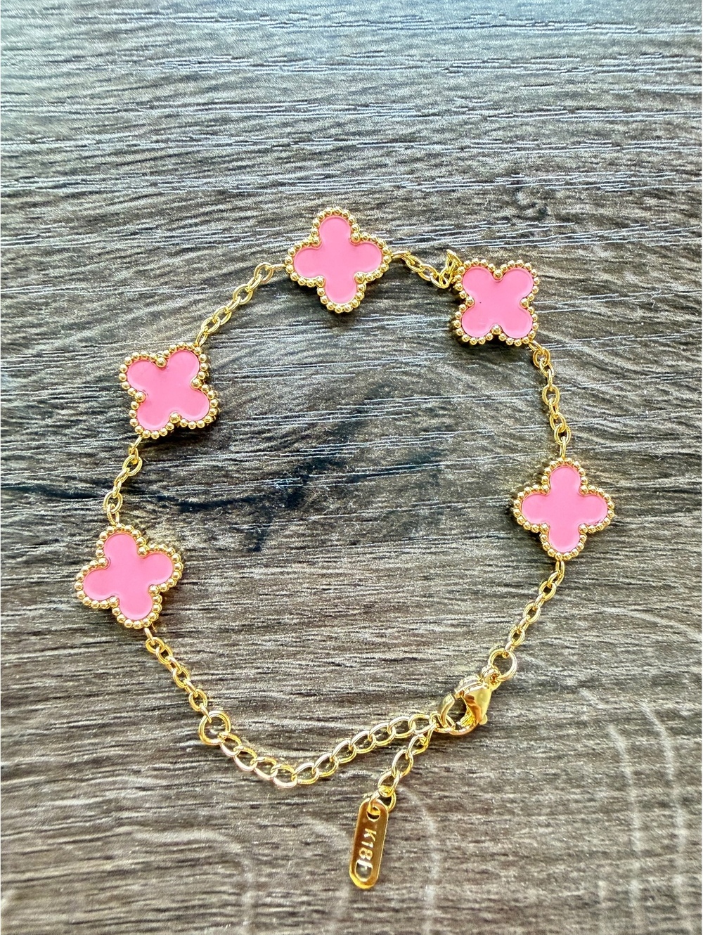 18K Gold Plated Pink Clover Charm Bracelet Non Tarnish